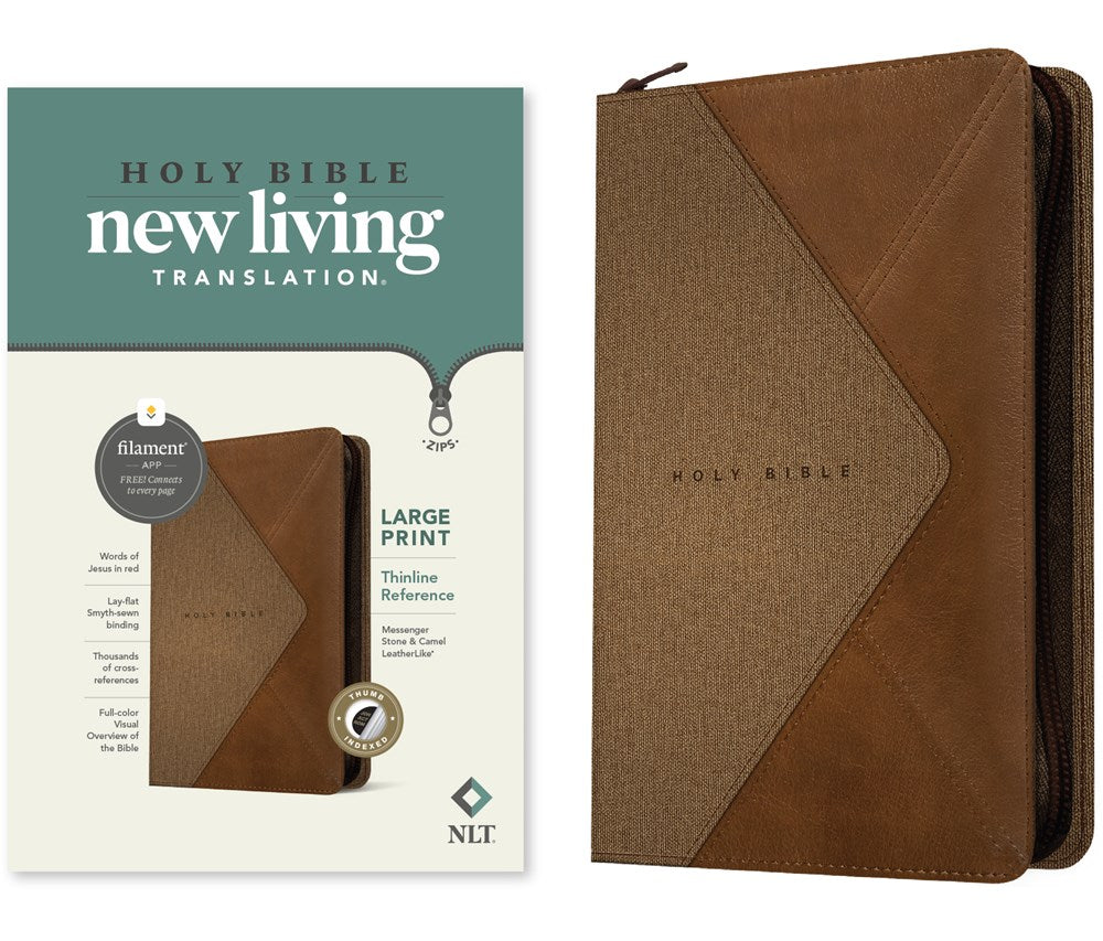 NLT Large Print Thinline Reference Zipper Bible, Filament Enabled (LeatherLike, Messenger Stone & Camel , Indexed, Red Letter) (Large type / large print)