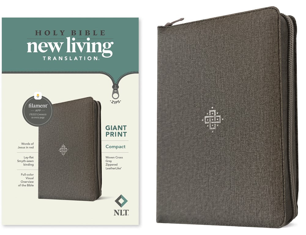NLT Compact Giant Print Zipper Bible, Filament Enabled (LeatherLike, Woven Cross Gray, Red Letter)