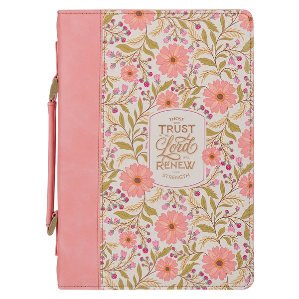 Those Who Trust Coral Pink Floral Faux Leather Classic Bible Cover - Isaiah 40:31 - KI Gifts Christian Supplies