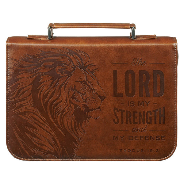 The Lord is My Strength Lion Honey-brown Faux Leather Classic Bible Cover - Exodus 15:2 - KI Gifts Christian Supplies