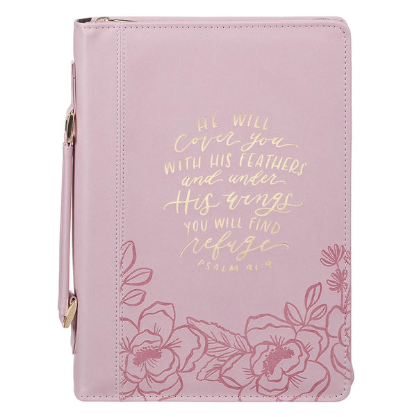 Under His Wings Pink Faux Leather Fashion Bible Cover - Psalm 91:4