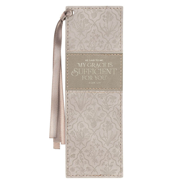Sufficient Grace Taupe Floral Faux Leather Bookmark - 2 Corinthians 12:9 - KI Gifts Christian Supplies