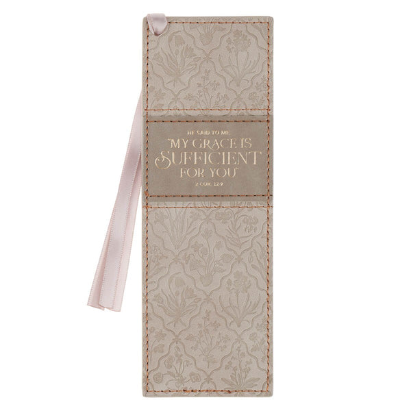 Sufficient Grace Taupe Floral Faux Leather Bookmark - 2 Corinthians 12:9