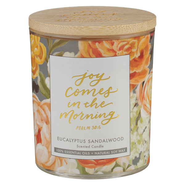 Joy Comes in the Morning Eucalyptus Sandalwood Scented Candle in a Glass Jar - Psalm 30:5 - KI Gifts Christian Supplies