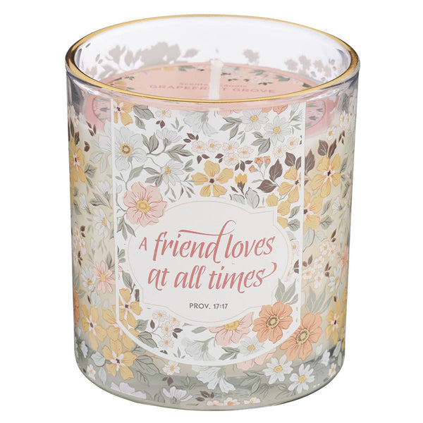 A Friend Loves at All Times Grapefruit Grove Scented Candle in a Glass Jar - Proverbs 17:17 - KI Gifts Christian Supplies