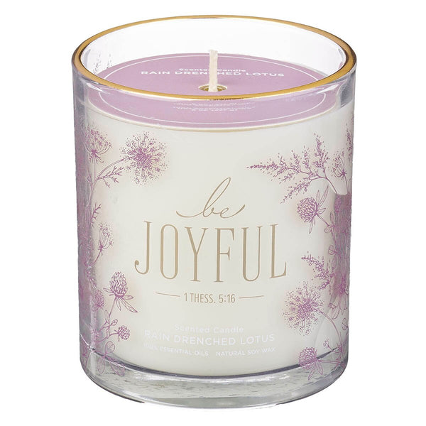 Always Be Joyful Dusty Mauve Rain-Drenched Lotus Scented Candle in a Glass Jar - 1 Thessalonians 5:16.