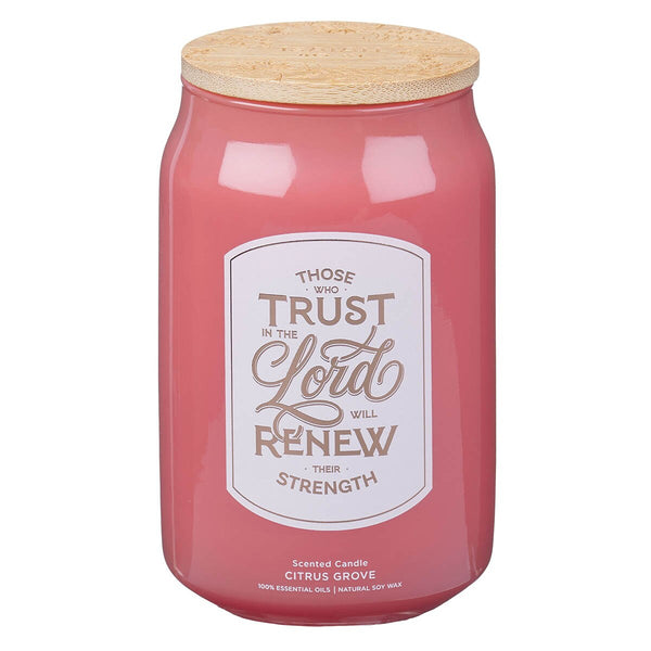 Trust In The Lord Coral Cascade Citrus Grove Scented Glass Candle in a Glass Jar - Isaiah 40:31