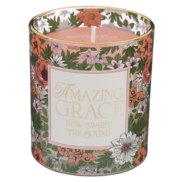 Amazing Grace Rainwater and Lily Scented Candle in a Glass Jar - KI Gifts Christian Supplies