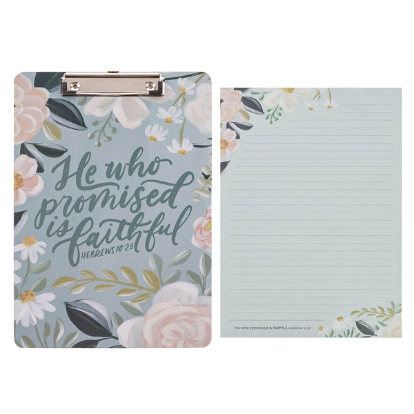 He Who Promised Is Faithful Teal Meadow Clipboard and Notepad - Hebrews 10:23 - KI Gifts Christian Supplies