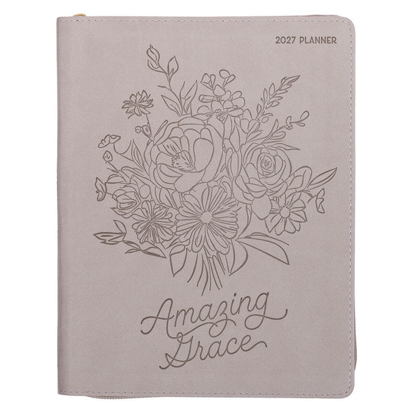 2027 Amazing Grace Large Zippered Taupe Faux Leather 18-Month Planner for Women