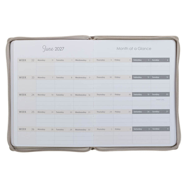2027 Amazing Grace Large Zippered Taupe Faux Leather 18-Month Planner for Women