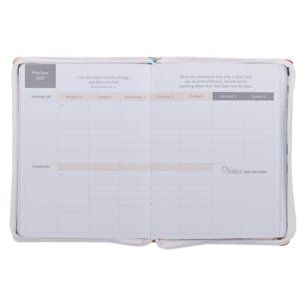 2027 Be Still and Know Large Zippered White Floral Faux Leather 18-Month Planner for Women - Psalm 46:10