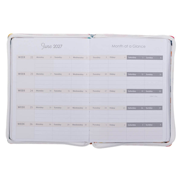 2027 Be Still and Know Large Zippered White Floral Faux Leather 18-Month Planner for Women - Psalm 46:10