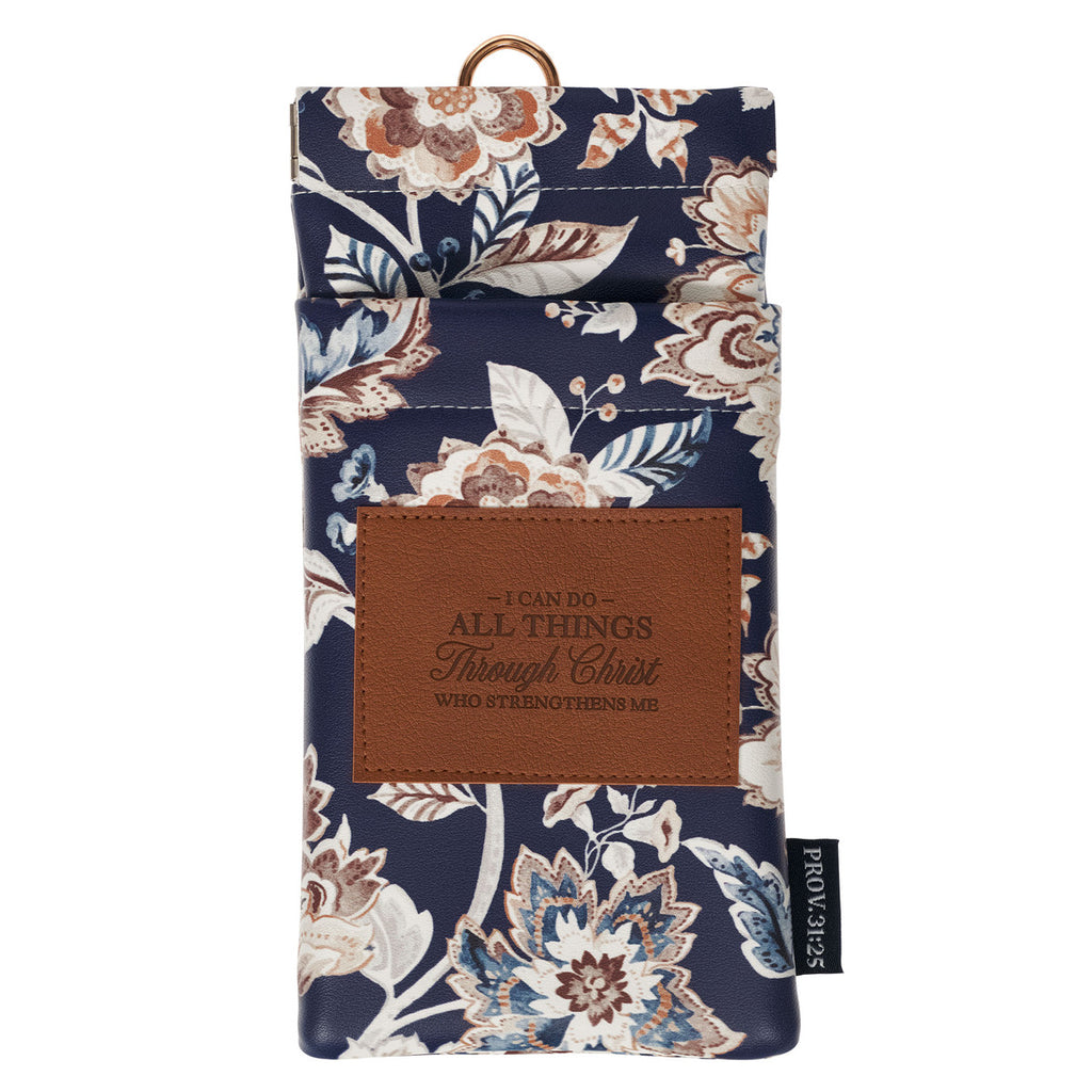 I Can Do All Things Honey-Brown and Navy Floral Faux Leather Double Eyeglass Case - Philippians 4:13