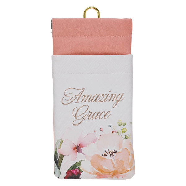 Amazing Grace Cream and Coral Floral Faux Leather Double Eyeglass Case - KI Gifts Christian Supplies