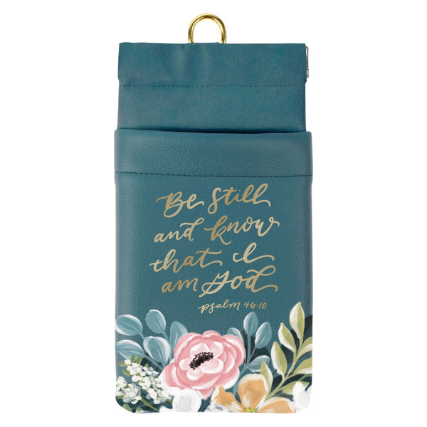 Be Still Teal Floral Faux Leather Double Eyeglass Case - Psalm 46:10 - KI Gifts Christian Supplies