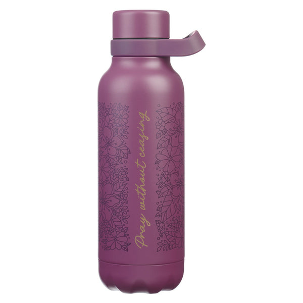 Pray Without Ceasing Plum Floral Stainless Steel Water Bottle - KI Gifts Christian Supplies