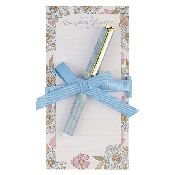 Everything Beautiful Whimsical Blooms Magnetic Notepad and Pen Gift Set - Ecclesiastes 3:11 - KI Gifts Christian Supplies
