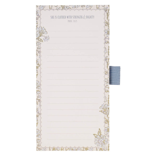 Strength and Dignity Blue Cottage Garden Magnetic Notepad and Pen Gift Set - Proverbs 31:25