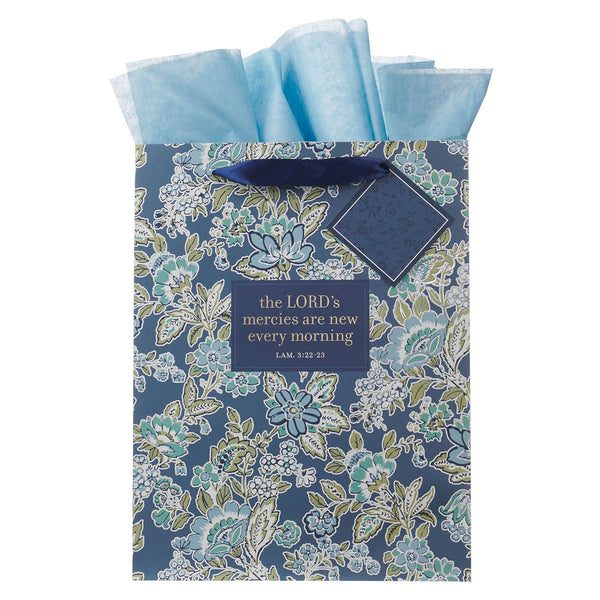 Morning Mercies Blue Green Floral Large Gift Bag Lam 3:22-23 - KI Gifts Christian Supplies