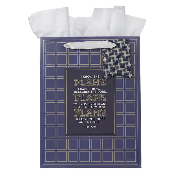The Plans Modern Blue Grid Large Portrait Gift Bag - Jeremiah 29:11 - KI Gifts Christian Supplies