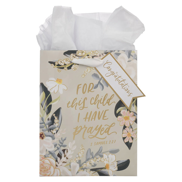 For This Child I Have Prayed Tan Floral Medium Gift Bag - 1 Samuel 1:27 - KI Gifts Christian Supplies
