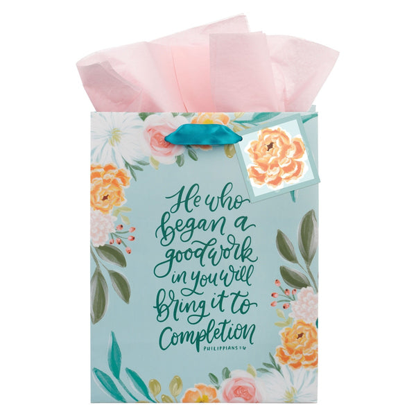 He Who Began a Good Work Turquoise Floral Medium Gift Bag - Philippians 1:6 - KI Gifts Christian Supplies