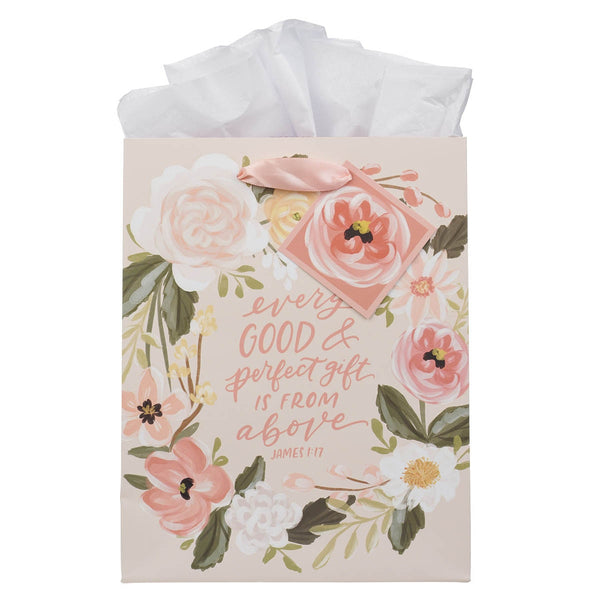 Every Good Gift Peach Floral Medium Gift Bag - James 1:17 - KI Gifts Christian Supplies