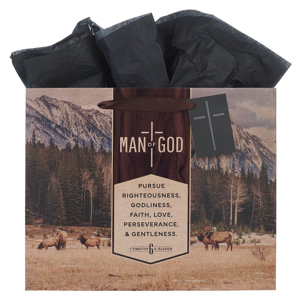 Man of God Brown Trailhead Large Landscape Gift Bag - 1 Timothy 6:11 - KI Gifts Christian Supplies
