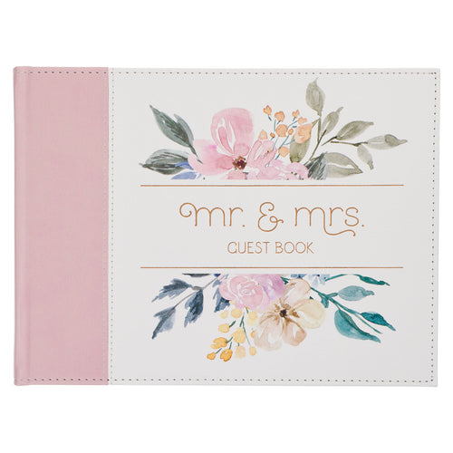 Pink Floral Mr. & Mrs. Medium Faux Leather Wedding Guest Book - 1 John 4:19