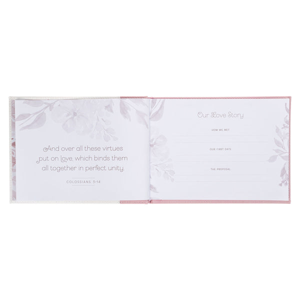 Pink Floral Mr. & Mrs. Medium Faux Leather Wedding Guest Book - 1 John 4:19