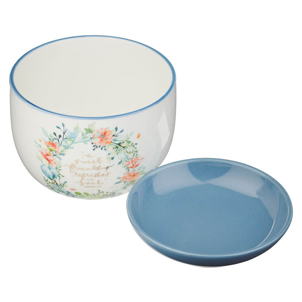 Sweet Friendship Bright Floral Wreath Ceramic Planter with Saucer - Proverbs 27:9