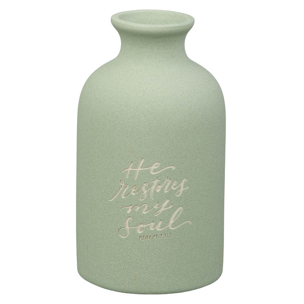 He Restores My Soul Green Garden Ceramic Table Vase - Psalm 23:3 - KI Gifts Christian Supplies