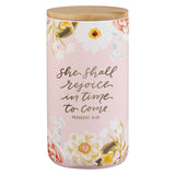 She Shall Rejoice Ceramic Gratitude Jar - Proverbs 31:25 - KI Gifts Christian Supplies