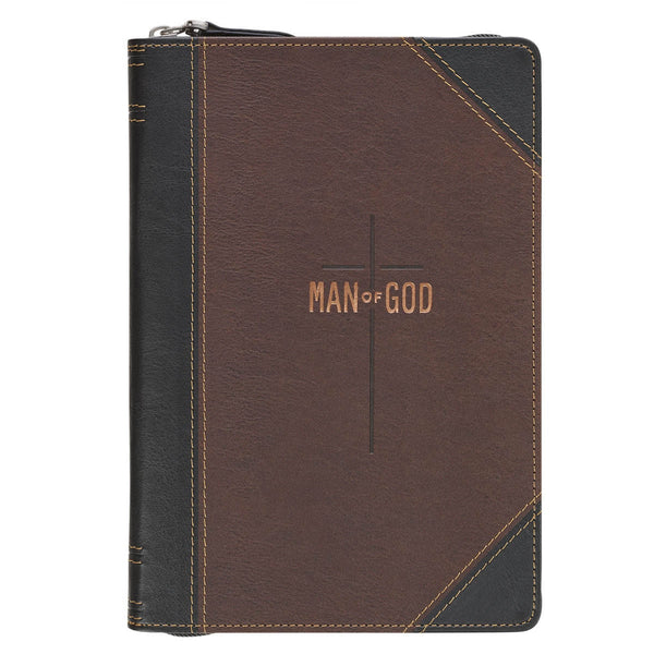 Man of God Espresso Brown and Walnut Faux Leather Classic Journal with Zipper Closure - 1 Timothy 6:11 - KI Gifts Christian Supplies