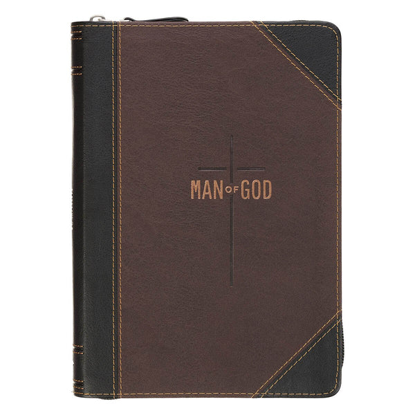 Man of God Espresso Brown and Walnut Faux Leather Classic Journal with Zipper Closure - 1 Timothy 6:11