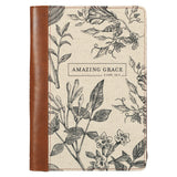 Amazing Grace Natural Canvas and Honey-brown Faux Leather Journal with Zipper Closure - 2 Corinthians 12:9