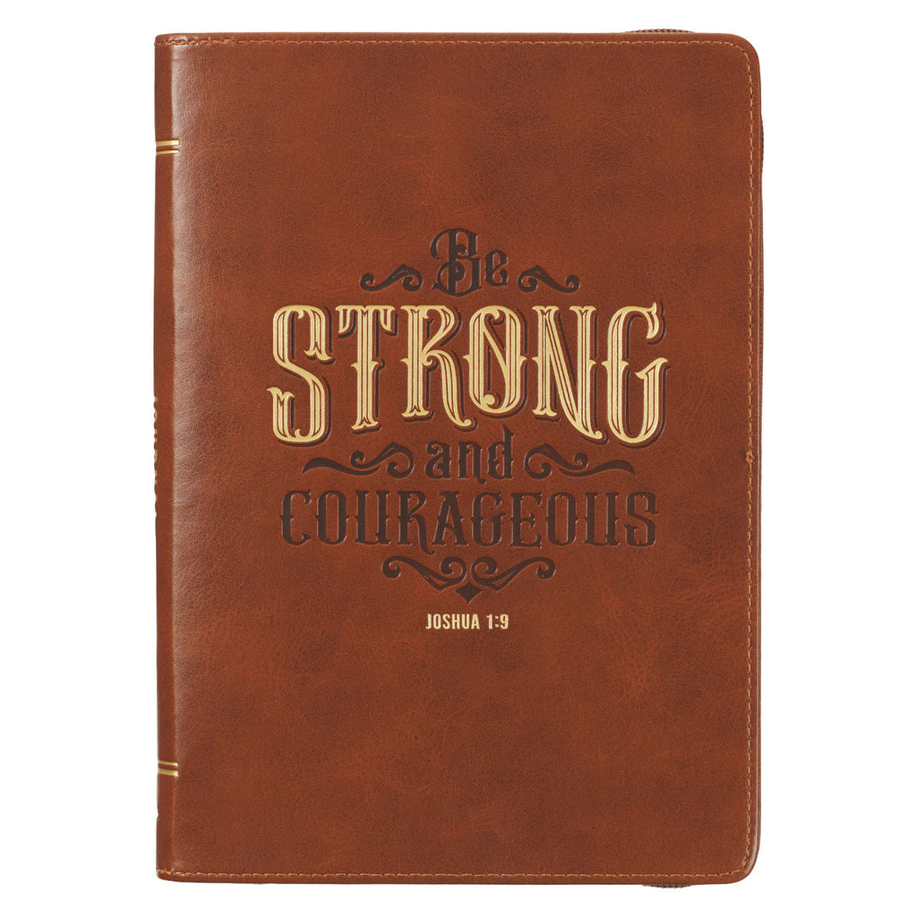 Strong and Courageous Honey-brown Faux Leather Journal with Zipper Closure - Joshua 1:9