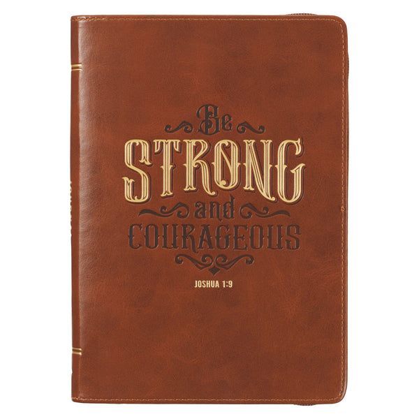 Strong and Courageous Honey-brown Faux Leather Journal with Zipper Closure - Joshua 1:9