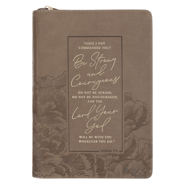Be Strong and Courageous Ash-brown Faux Leather Journal with Zipper Closure - Joshua 1:9 - KI Gifts Christian Supplies