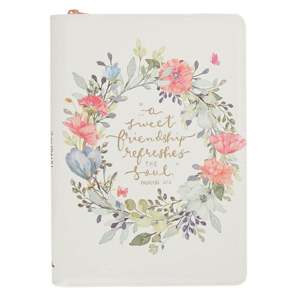 A Sweet Friendship Bright Floral Wreath Faux Leather Classic Journal with Zipper Closure - Proverbs 27:9 - KI Gifts Christian Supplies