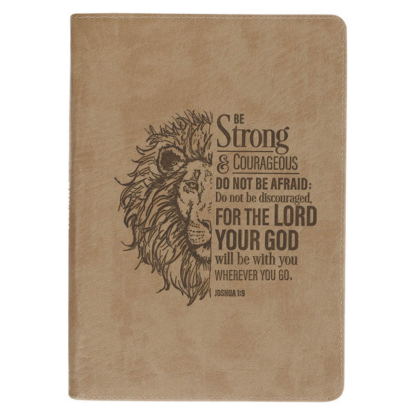 Be Strong and Courageous Lion Tan Faux Leather Journal with Zipper Closure - Joshua 1:9 - KI Gifts Christian Supplies