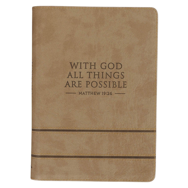 With God All Things Are Possible Tan Faux Leather Journal with Zipper Closure - Matthew 19:26 - KI Gifts Christian Supplies