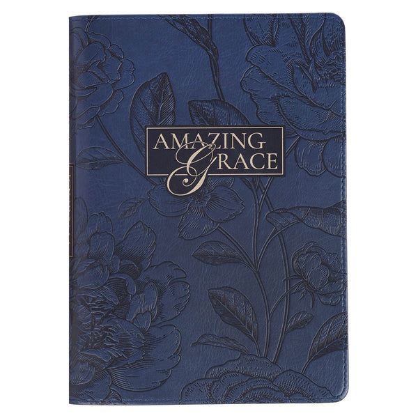 Amazing Grace Navy Blue Floral Faux Leather Classic Journal Zipper Closure - KI Gifts Christian Supplies