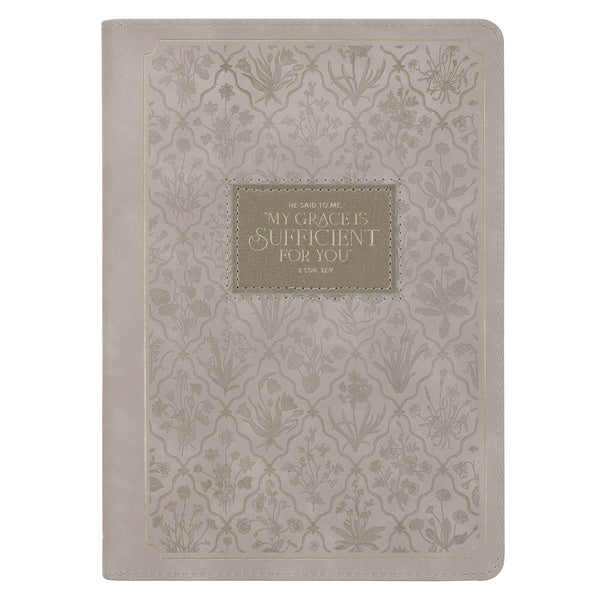 Sufficient Grace Taupe Faux Leather Classic Journal with Zipper Closure - 2 Cor 12:9 - KI Gifts Christian Supplies