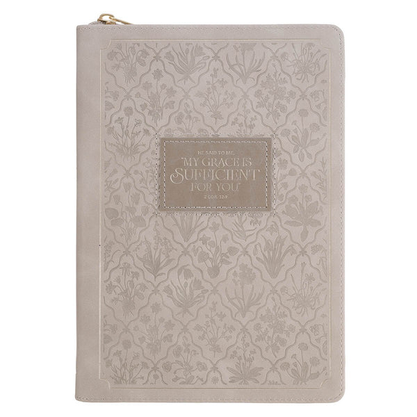 Sufficient Grace Taupe Faux Leather Classic Journal with Zipper Closure - 2 Cor 12:9