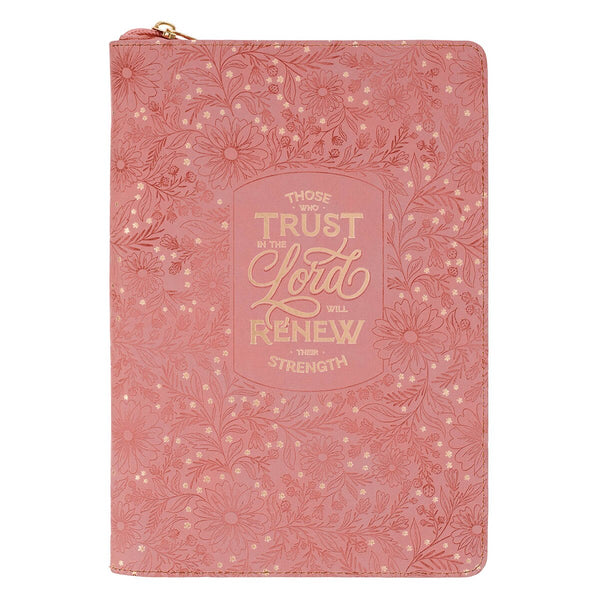 Trust Pink Floral Faux leather Classic Journal with Zipper Closure - Isaiah 40:31