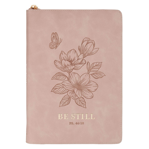 Be Still Pink Floral Faux Leather Classic Journal with Zipper Closure - Psalm 46:10