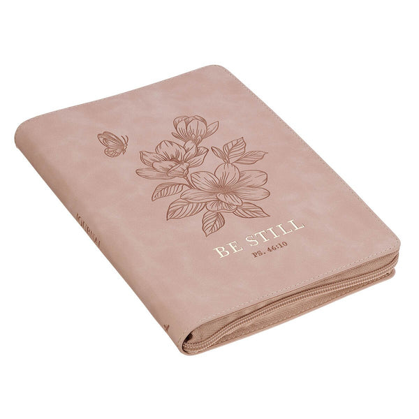 Be Still Pink Floral Faux Leather Classic Journal with Zipper Closure - Psalm 46:10