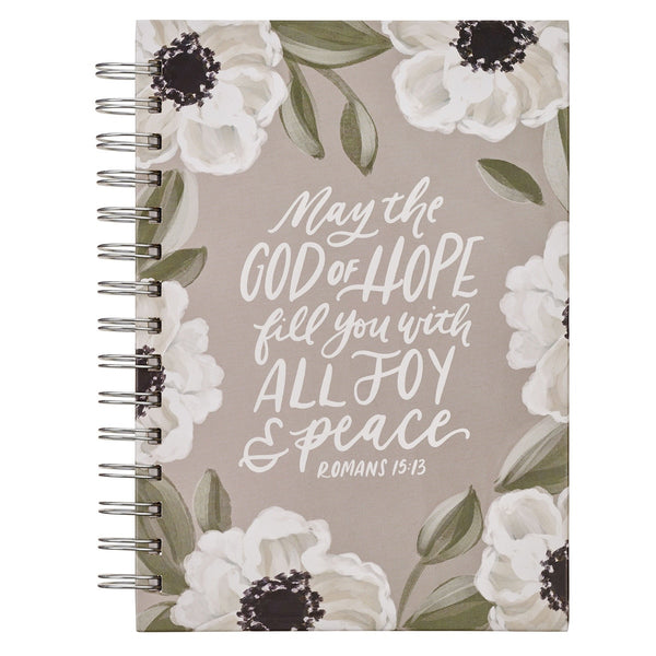 Joy and Peace Gray Floral Spiral Journal - Romans 15:13 - KI Gifts Christian Supplies